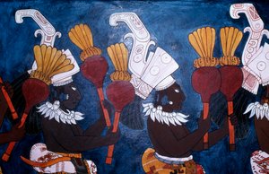 Reproductie van een muurschildering met muzikanten met ratels tijdens een ceremonie, uit de Tempel van Muurschilderingen, Bonampak door Mayan